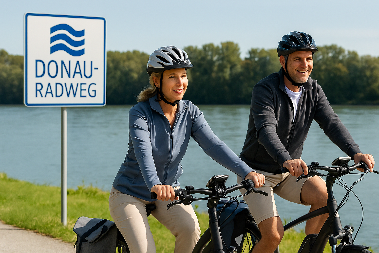 Radfahrer am Donauradweg R1 bei Mauthausen