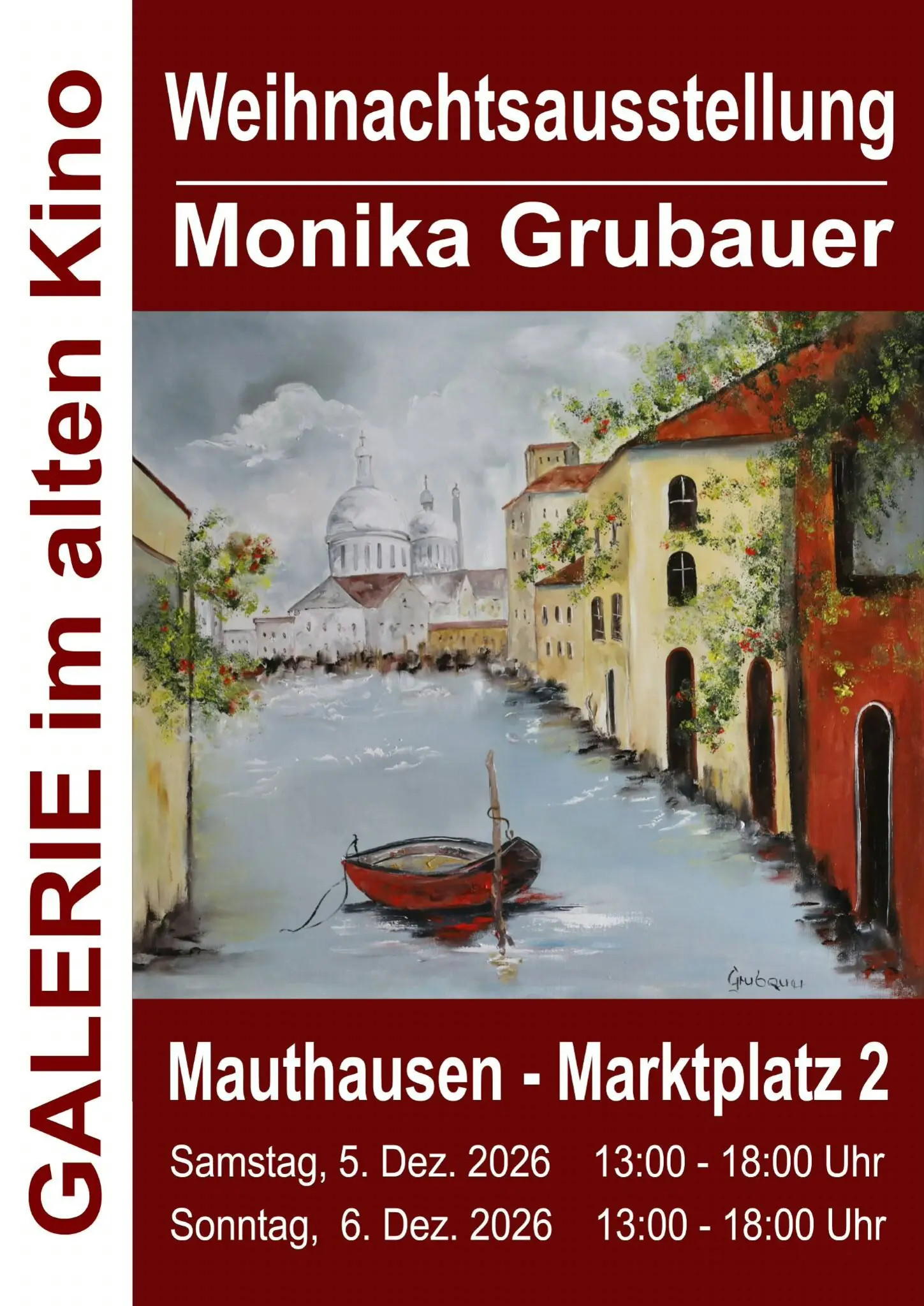Originalplakat: Weihnachtsausstellung Monika Grubauer, 5. und 6. Dezember 2026, jeweils 13 bis 18 Uhr, Marktplatz 2, Mauthausen