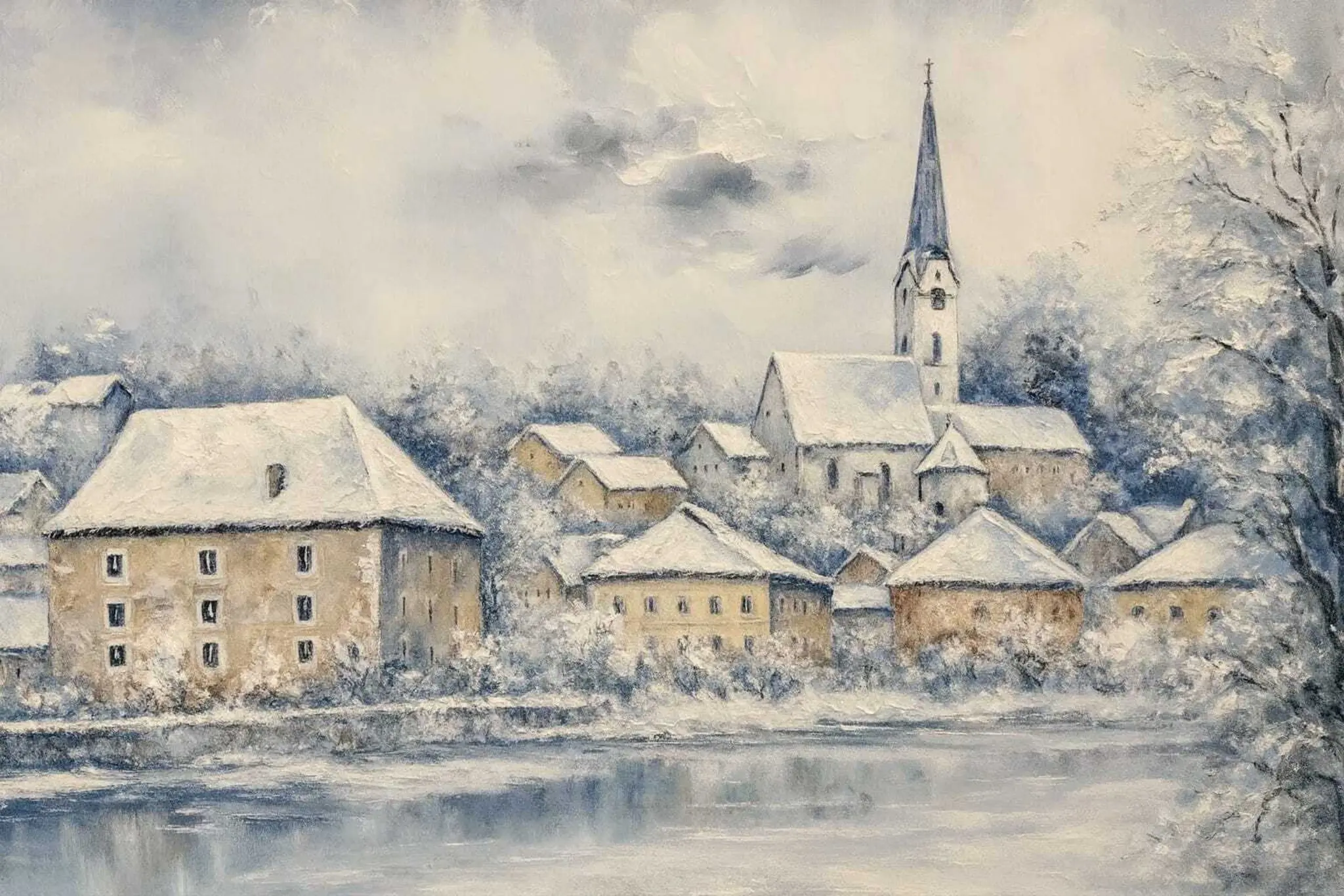 Gem�lde einer verschneiten Ortschaft mit Kirche